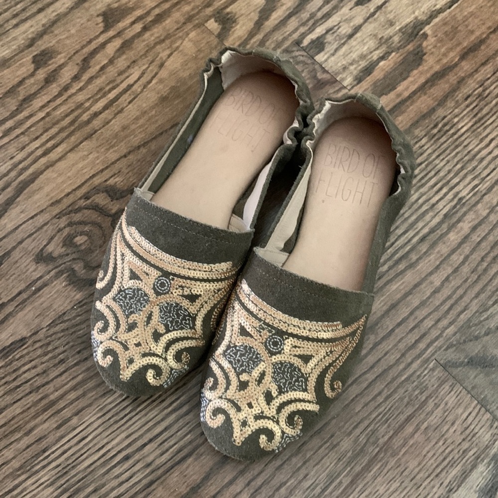 Bird of Flight Olive Green Sequin Suede Flats